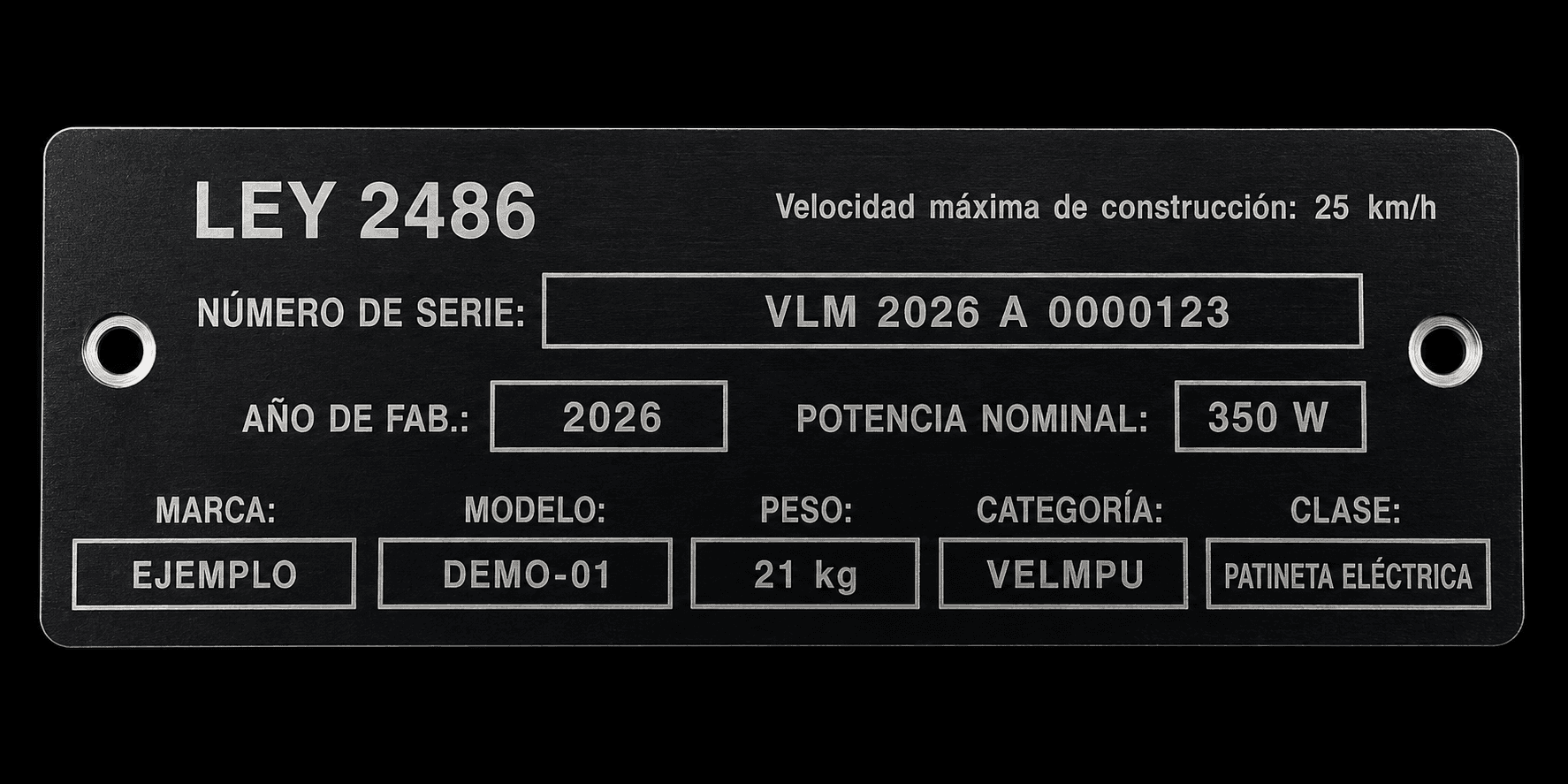 Lámina de identificación VELMPU en aluminio anodizado negro con grabado láser, conforme al Anexo 81 de la Resolución 20263040030675