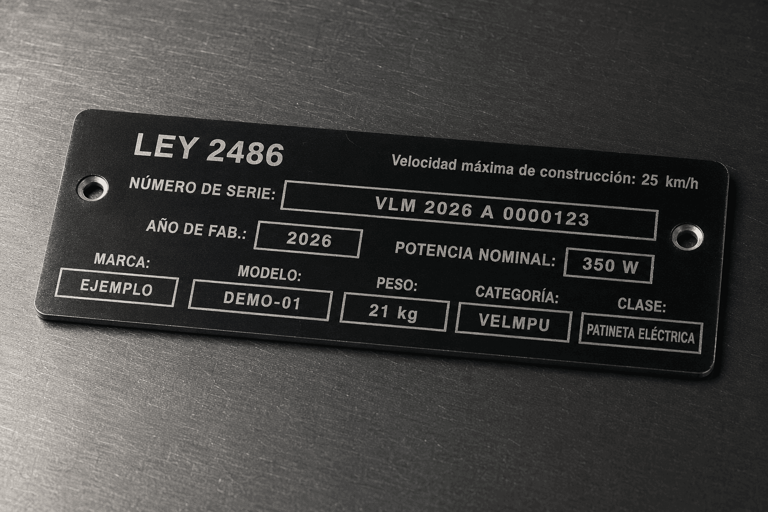 Detalle del grabado láser y el agujero de fijación de la lámina de identificación Ley 2486
